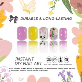 Easter Press on Nails Short Square MABKJLF Cute Fake Nails False Nails with Designs Flower Bunny Easter Eggs Chicks Glossy Glue on Nails Acrylic Nails for Women Girls 24 Pcs