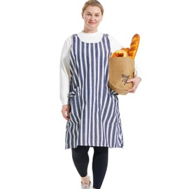 APRONNER Cross Back Plus Size Linen Aprons for Women with Pockets Blend Dress for Baking Cooking Gardening Works, Blue Stripes, 5X-Large