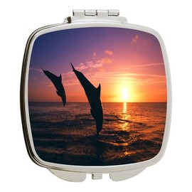 Island Gifting - Dolphins in Sunset Black Silhouette - Square Compact Mirror - Travel Mirror