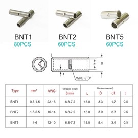 Pastall Non Insulated Butt Connectors Kit 200pcs 22-10 Gauge Uninsulated Butt Connector 22-18AWG, 16-14AWG, 12-10AWG, Electrical Wire Crimp Ferrule Terminals with 45pcs Heat Shrink Tube