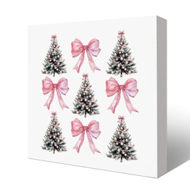 HONLUNG Christmas Decor Sign, Pink Bow Coquette Trendy Wood Box Sign Decoration For Home Bedroom Bathroom Table Desk Shelf Tabletop, Girls Christmas Gifts, 5x5 Inch