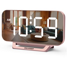 Peakeep Slim Digital Mirror Clock, Aesthetic Alarm Clock for Bedroom Living, Plug in Electric Clock Big LED Modern Decorative Small Table Clock for Office Desk, Battery Backup, 6 Dimmers (Rose Gold)