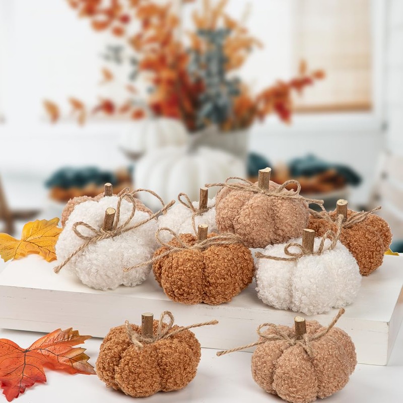 Oairse 9pcs Plush Pumpkins Fall Decorations Mini Artificial Pumpkins with