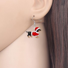 OUSIO Christmas Day Acrylic Adorable Dachshund Dog Earrings Santa Claus Costume Puppy Dangle Jewelry For Women Dog Lovers Charms Birthday Holiday Party Gifts (Pink)