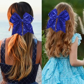 JOYRUBY Glitter Cheer Bow Hair Clip, 7 Inch Sequin Large Hair Bow Clips, Deep Blue Big Bows for Hair Clip Party Hair Accessories for Women Cheerleading Sports Teens Girls (Deep Blue)