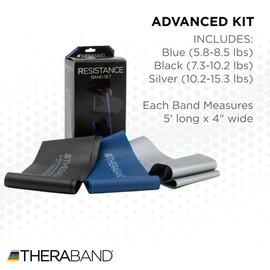 THERABAND Resistance Bands Set, Advanced Kit, Blue, Black, Silver, Latex Elastic Bands for Exercise & Physical Therapy, Strength Training Bands for Upper & Lower Body Fitness