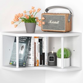 White Corner Floating Shelf Wall Mounted, Pine Wood Shelves 90° Corner Floating Cabinet Shelf for Wall, 18’’ Bedside Corner Wall Shelves with Cord Hole, Projector Corner Shelf for Living Room, Bedroom