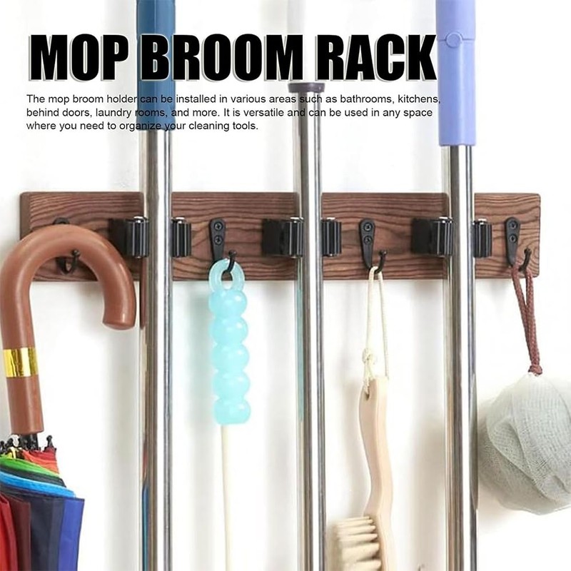 Mop Broom Holder Wall Mount, Wood Broom Mop Hanger, Wall