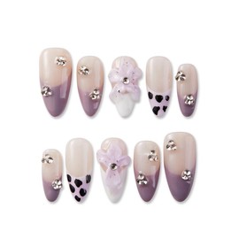 Zfans Almond Shape DreamWear Collection - 100% Handcrafted 3D Press-On Nails | Reusable, Long-Lasting, Salon-Quality Mint Bloom Eco-Friendly Nail Art Set:_Lavender Bling_s