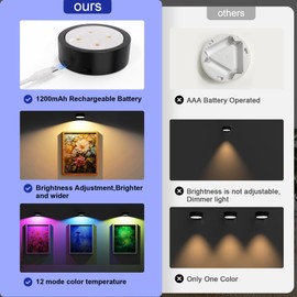 3 Pack Picture Lights for Wall, 13 RGB Color Rechargeable Battery Operated wall lights, Picture Frame lights with 3 Lighting Modes, Wireless Magnetic Painting Light with Remote Control Timer, (Black)