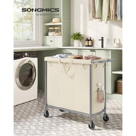 SONGMICS Laundry Basket with Wheels, 3-Section Rolling Laundry Hamper, 52.8 Gallons (200 L), Removable Liner, Steel Frame with Handle, 35.8 x 15.4 x 31.9 Inches, Cream White URLS005W01