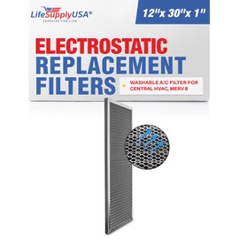 12x30x1 Electrostatic Air Filter, MERV 8, Washable, Reusable Furnace AC/HVAC Filter, Energy Saving, Easy to Clean, Long-Lasting by LifeSupplyUSA