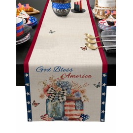 Linen Table Runner,Independence Day Flower Butterfly Dresser Scarf Kitchen Dinning Tabletop Covers Decor for Indoor Outdoor Party Holiday Wedding USA Flag Floral on Burlap,13x70in