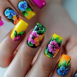 Flower Press on Nails Medium Coffin Fake Nails Press Ons with Designs Flower False Nails Long Glossy Full Cover Glue on Nails Cute Acrylic Stick on Nails for Women Nails Manicure Decoration 24Pcs