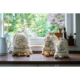 | Set of 3 Vegetable Bags Linen Fabric Certified Storage Bags 1 Each with Print for Potato, Onion, Garlic