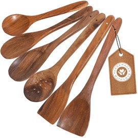 Wooden Cooking Spoons – 8 Pcs Teak & Acacia Wood Kitchen Utensil Set with Rotating Holder, Spatulas, Salad Fork, Skimmer, Spoon Rest, Wooden Knife – Nonstick, Heat-Resistant, Natural Utensils