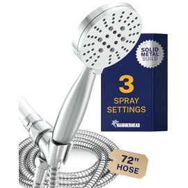 HammerHead Showers® Solid Metal 3-Spray Handheld Shower Head with Long Hose and Holder - CHROME - 2.5 GPM High Pressure Shower Head with Handheld Sprayer - WIDE, MASSAGE, and MIST Sprays