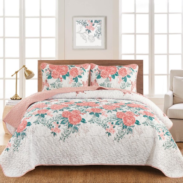 Yiran Pink Floral Quilt Set Queen Size Summer Botanical Bedspreads