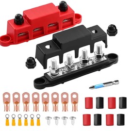 BusBar BusBar 12V-48V DC Terminal Block BusBar 250A Power Distributor 4 M8 Bolts for RV Boat Yacht, Easy to Use and Robust - Black Red Pack of 2