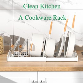 Pots and Pans Organizer Under Cabinet Pot Rack: Expandable Pot Lid Holder with 7 Adjustable Dividers for Kitchen Storage Cutting Boards, Bakeware, Lid, Black