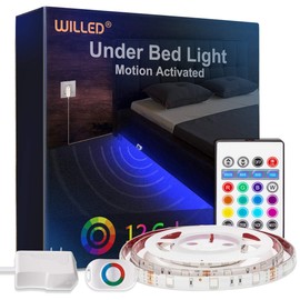 WILLED Under Bed Light, RGB Color Changing 5ft LED Strip with Motion Activated Sensor, RF Remote Controller Timer, Power Adapter for Bed, Stairs, Cabinet and Bathroom