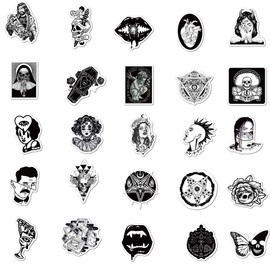 Pack of 100 Gothic Stickers Black and White Sticker Set Gothic Waterproof Vinyl Stickers Skull Gothic Cool Graffiti Stickers for Laptop Luggage Notebook Skateboard Graffiti Punk Sticker
