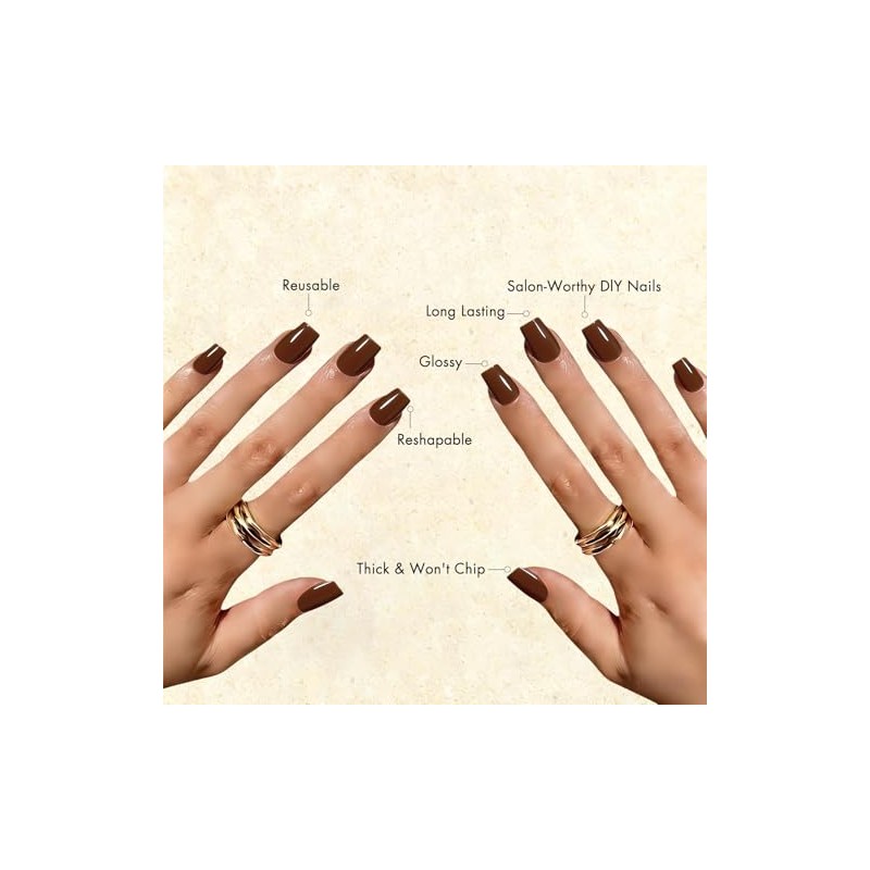 Uñas postizas marrones cuadradas medianas, uñas postizas de gel suaves,