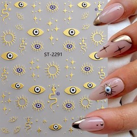 12 Sheet Gold Eye Nail Stickers Decals 3D Self Adhesive Goth Nails Decals Gold Silver Sun Star Nail Art Stickers Metallic Snake Horror Eye Gothic Design Sticker for Women Manicure Decoration