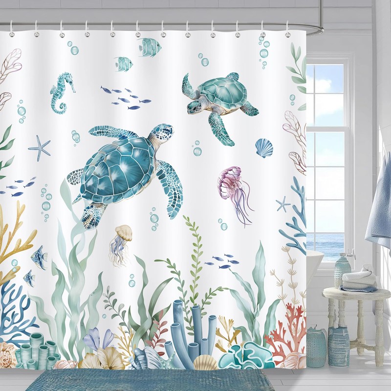 Bonhause Coastal Beach Shower Curtain, Ocean Sea Turtle Coral Underwater