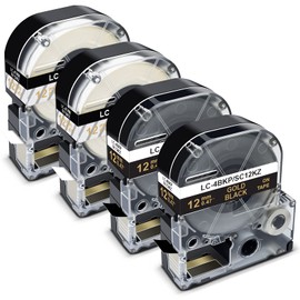 Pristar Compatible Label Tape Replacement for Epson Label Tape 12mm Gold LK-4BKP LK-4TKN for Epson Label Maker LabelWorks LW300 LW400 LW600P LW700, Gold on Black/Gold on Clear, 1/2" x 26.2', 4 Pack
