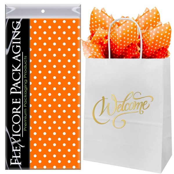 Flexicore Packaging White Kraft Paper Welcome Bags & Orange Gift Wrap Tissue Paper | Size: 8 Inch X 4.75 Inch X 10.5 Inch | Count: 50 Bags | Color: Orange Polka Dot