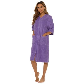 Fashion Junction Ladies/Womens 100% Cotton Terry Towelling Zip Front Dressing Gown/Bathrobe/Housecoat, Lilac/Blue, Small