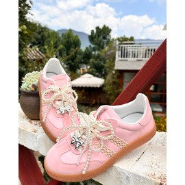 Lopau Pearl Bowknot Shoe Charms for Sneakers Shoelaces Decorations Clips Beaded Chain Buckle for Women Girl DIY Casual Shoe Lace Charms Accessories(Cute Pearls)