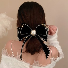 Jumwrit-Gran lazo para el pelo con diamantes de imitación, perla, pasador para el pelo, lazo de terciopelo vintage con cola larga, sujeción fuerte, color sólido, pinza para el pelo, accesorios de moda