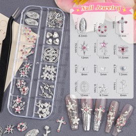2 Boxes Silver Nail Art Charms, 3D Flower Butterfly Cross Nail Gems and Charms for Nails Design Flatback Metallic Heart Star Nail Jewelry Rhinestones Nail Supplies with Tweezers for Women DIY Craft