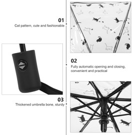 TENDYCOCO Transparent Folding Umbrella Cat Design Automatic Clear Foldable Umbrella Portable 8 Ribs Tri-Fold Auto Open Close Umbrella for Women Men Rainy Day Travel Use