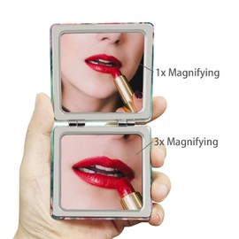 PDOZV Pocket Mirror for Women, Square 2.8” Metal Frame PU MarineAnimal Style Double Sided Mini Magnifying 1X/3X Mirror for Purse Compact Travel Mirror (MarineAnimal01)