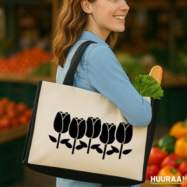 huuraa Jute Bag Tulips Flower Carry Bag Black Size 21 Litres with Motif for All Who Love Spring Gift Idea for Friends and Family, multicoloured