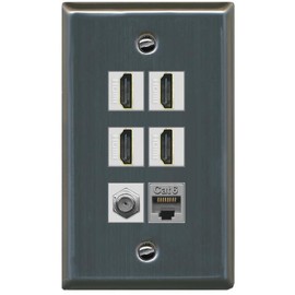 RiteAV 4 Port HDMI 1 Coax Cable TV- F-Type 1 Cat6 Ethernet Wall Plate - 1 Gang [Stainless Steel]