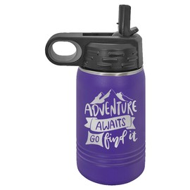 Adventure Awaits Water Bottle | Insulated Water Bottles | Laser Engraved Water Bottle | Stainless Steel Water Bottle with Straw (12 oz, Purple)