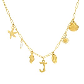 Gold Initial Charm Necklace for Women Gold Shell Starfish Necklace Summer Beach Charms Necklaces for Women Beach Jewelry Gift Initial J