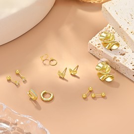 Trifasorie 6 Pairs Gold Stud Earrings, Non Tarnish Gold Earring Sets for Multiple Piercing, 14K Gold Plated Nickel Free Hypoallergenic for Sensitive Ears, Large/Small Dainty Gold Earrings for women