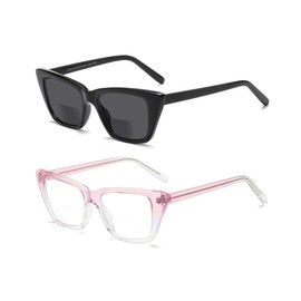 SUNAMOY Bifocal Reading Glasses Women Fashion Cat Eye Blue Light Blocking Computer Readers With Clear Top Unbreakable Stylish Oversized Ladies Sunglasses Large Cateye Eyeglasses Frame 2 Packs + 1.25