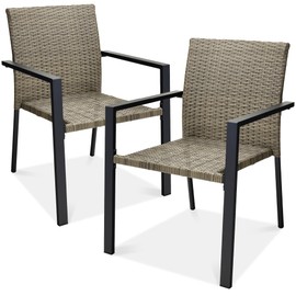 Best Choice Products Set of 2 Stackable Outdoor Wicker Dining Chairs All-Weather Firepit Armchair w/Armrests, Steel Frame for Patio, Deck, Garden, Yard - Taupe