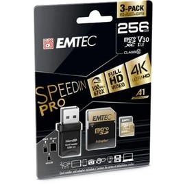 Emtec 256GB MicroSDXC Memory Card with SD and USB Adapter, Gold