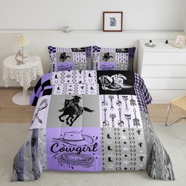 Erosebridal Girls Western Bedding Sets Twin Size Pink Grey Cowgirl Kids Comforter Set Teen Women Wild West Bull Horse Down Comforter Country Farmhouse Buffalo Plaid Quilt 1 Pillow Case Room Decor