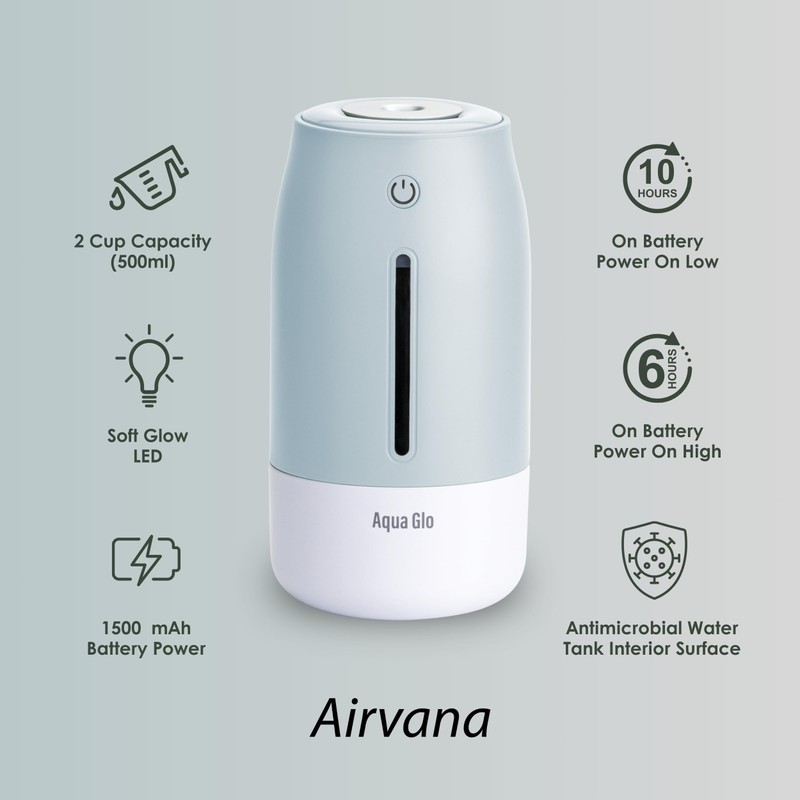 Airvana Aqua Glo Personal Humidifier – Ultrasonic Cool Mist, Rechargeable