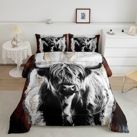 Erosebridal Highland Cow Comforter Set, Gold Grey Marble Quilted Comforter for Kids Boys Men, Wildlife Farmhouse Cattle Bull Bedding Set, Queen Size
