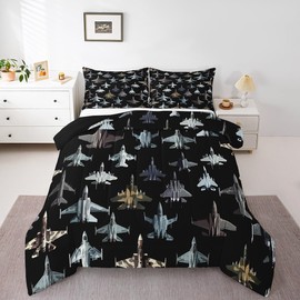 Erosebridal Modern Airplane Comforter Set Queen Size, Fighter Aircraft Bedding Set for Kids Boys Youth Men, Camo Military Jet Print Bedding Comforter Sets, Army Fighter Jet Bed Sets, Black