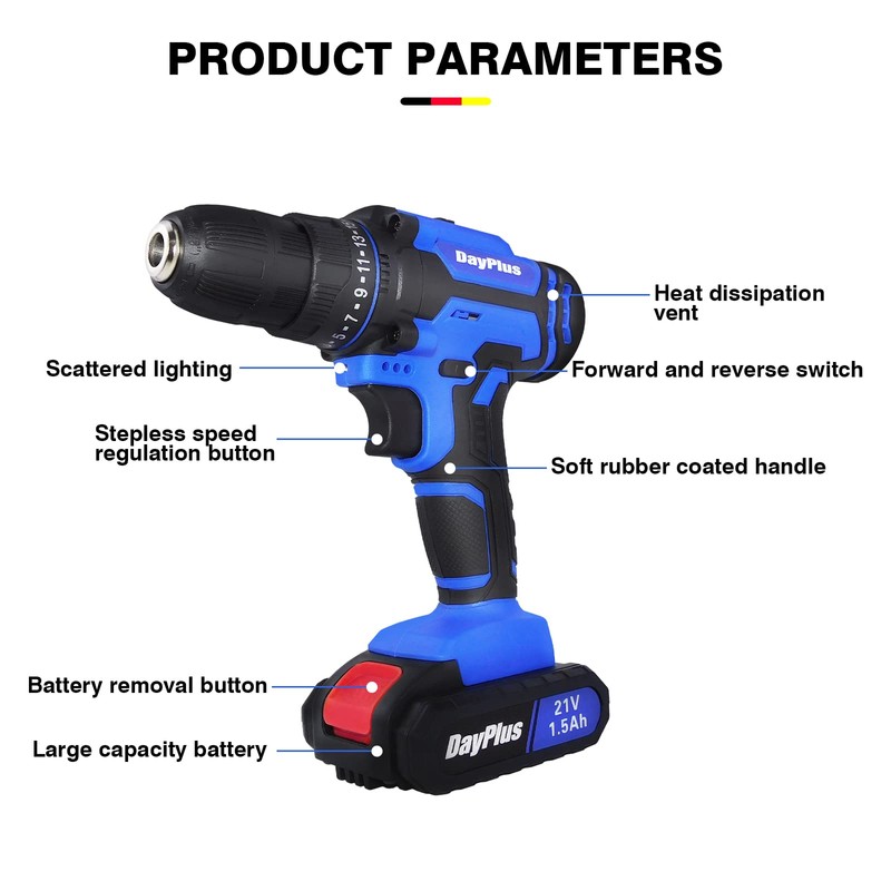 Cordless Power Drill Set, 21V Electric Drill with 2 Battery